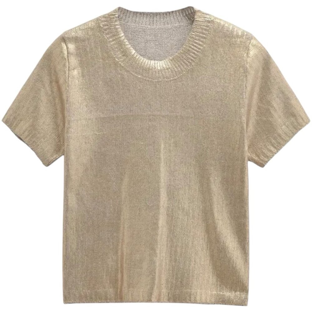 Women Crew Neck Short Sleeve Metallic Gold Knit Sweater Top Shirts Pullover SZ S